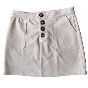 HYFVE Beige Mini Skirt Faux‎ Suede A-Line Button Front Pockets Women's Size L